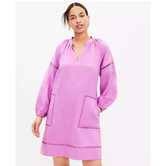 Loft Cutout Linen Blend‎ Pocket Boho Swing Dress Purple Lilac Taffy Size XS - Picture 3 of 5